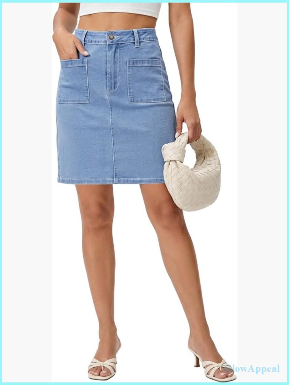 High Waisted Stretchy A-Line Denim Skirt with Patch Pockets